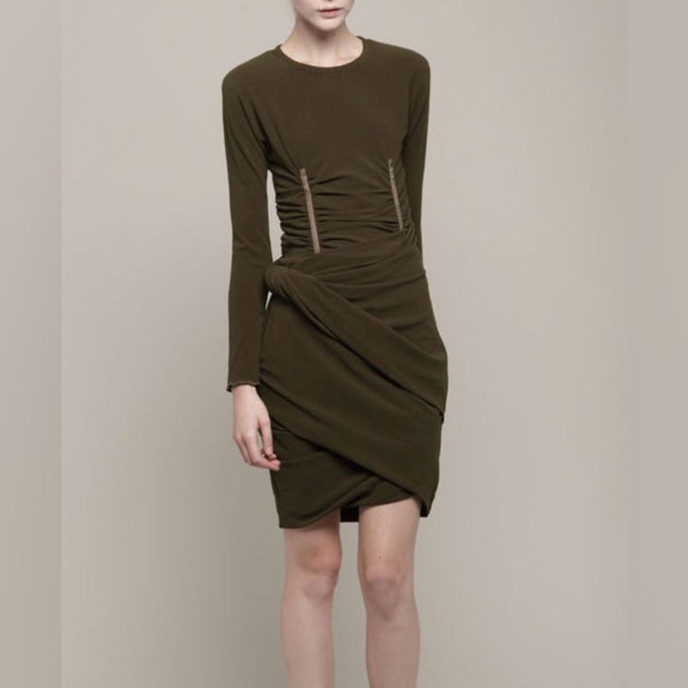 Carven Vintage Olive Twisted Wool Crepe Dress Long Sleeve FR 36 US 6